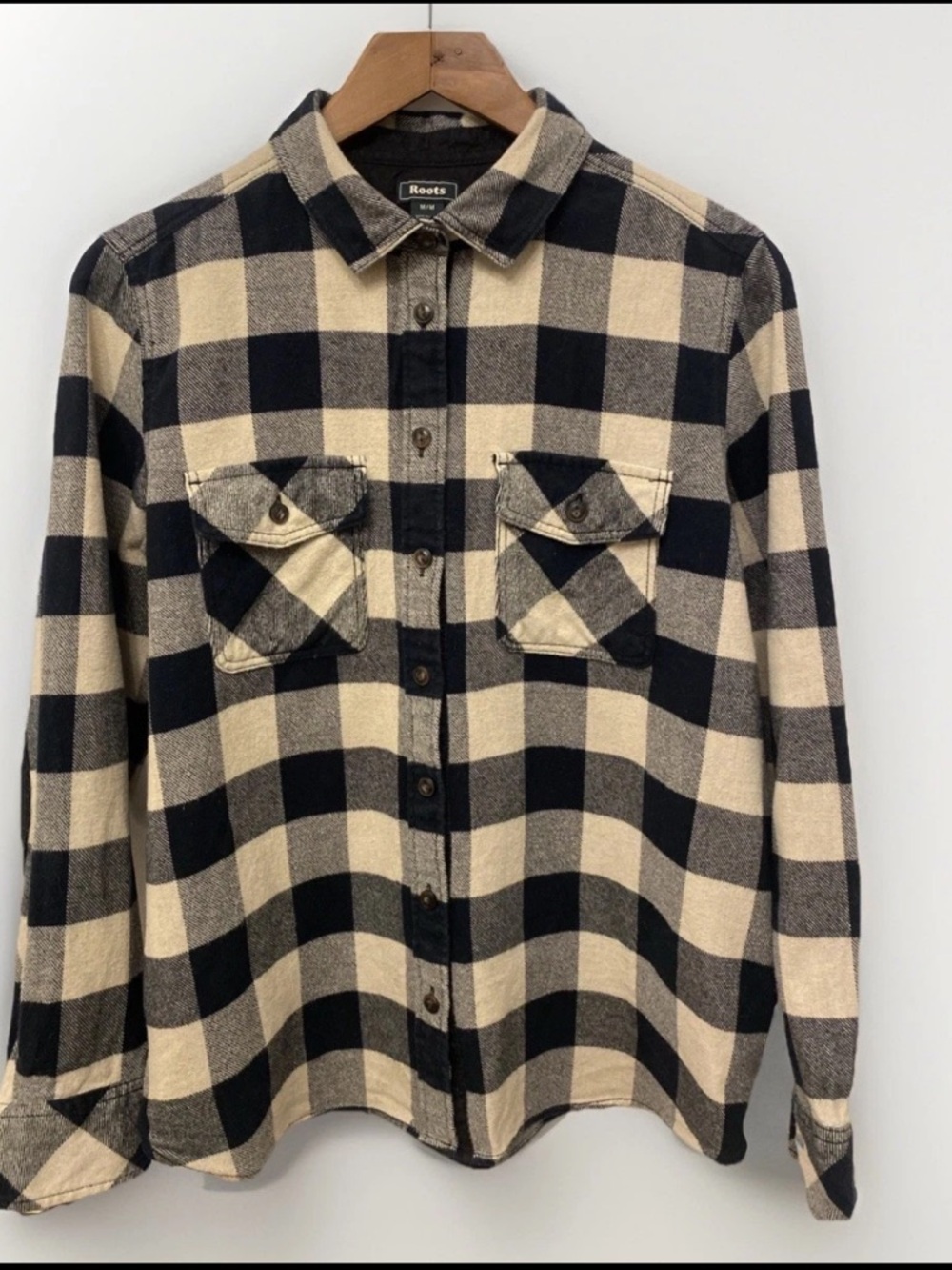 Roots Women’s Navy and Cream Buffalo Plaid Button-Down Shirt Corduroy Elbows